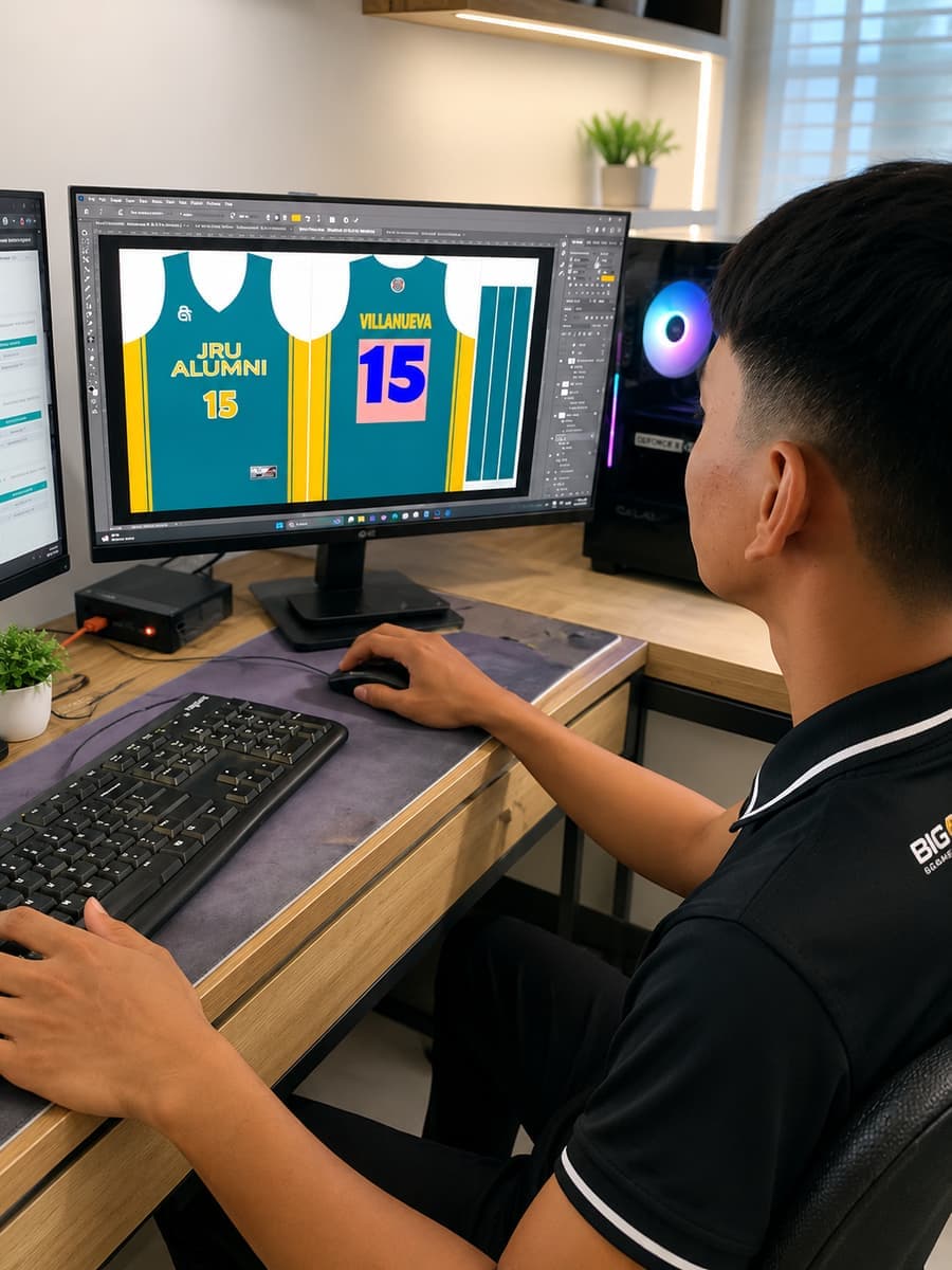 Layout artist arranging a jersey design on screen