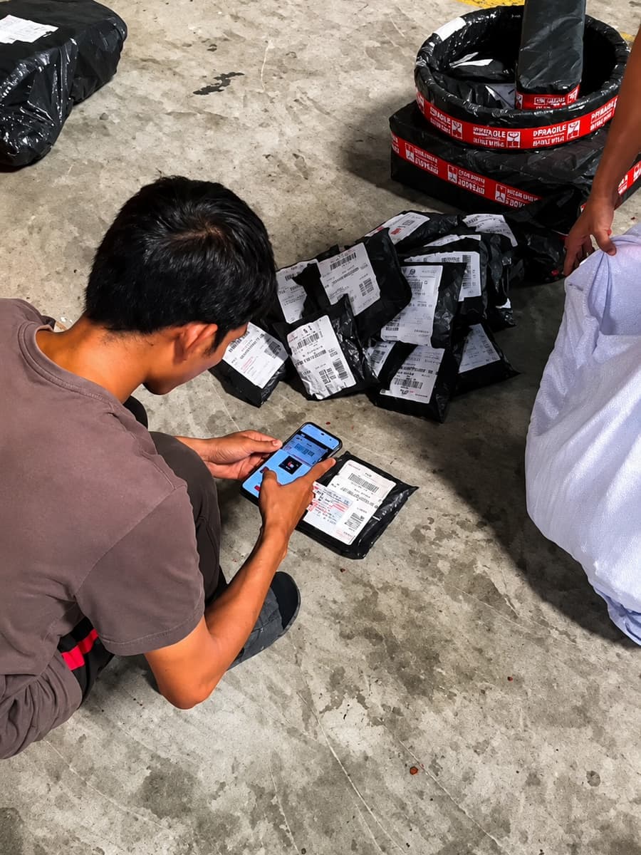 Worker on the floor scanning courier labels on a phone with packed black parcels