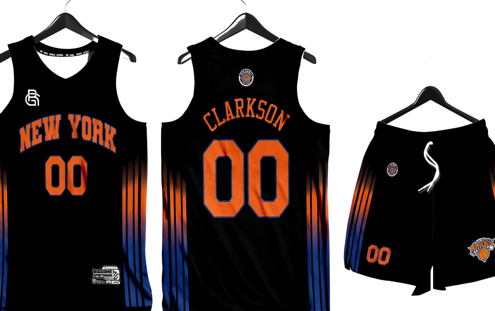 Black and orange full-sublimation jersey and shorts set, front and back, on hangers