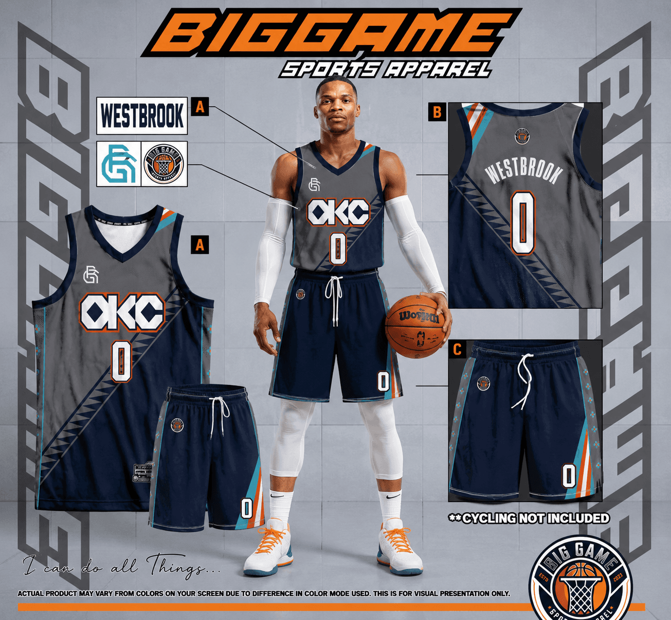 Storm Blue full-sublimation custom basketball jersey and shorts set, front and back view